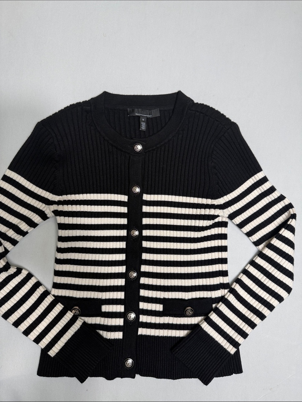 White House Black Market Black & Cream Striped Button Cardigan